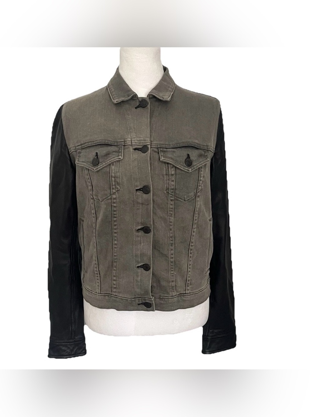 Rag & Bone Genuine Lamb Leather‎ Sleeves Gray Denim Jean Jacket Small Beautiful